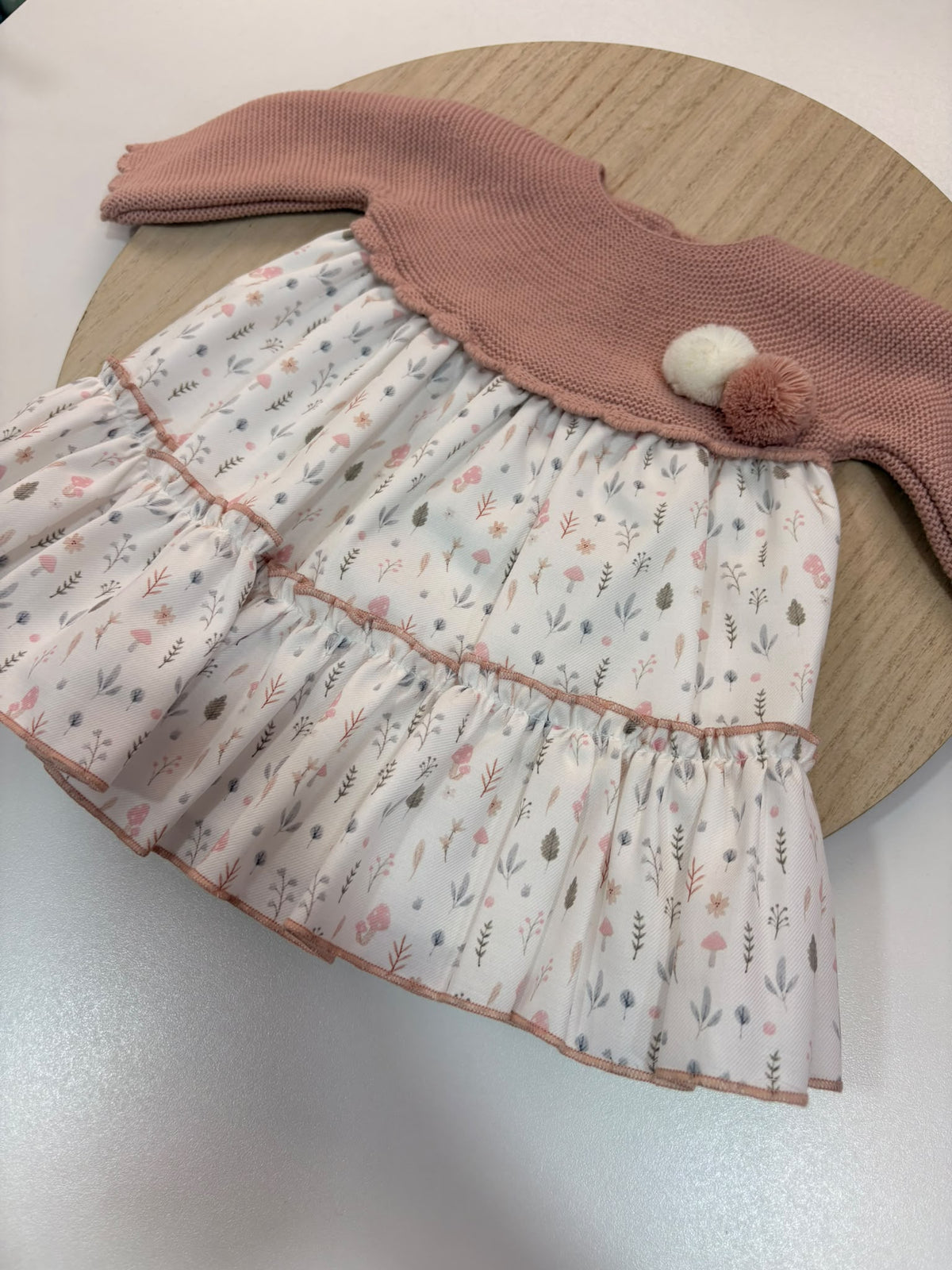 Vestido de Bebé Rosa Empolvado con Cuerpo de Punto y Falda Estampada | 1 a 24 Meses