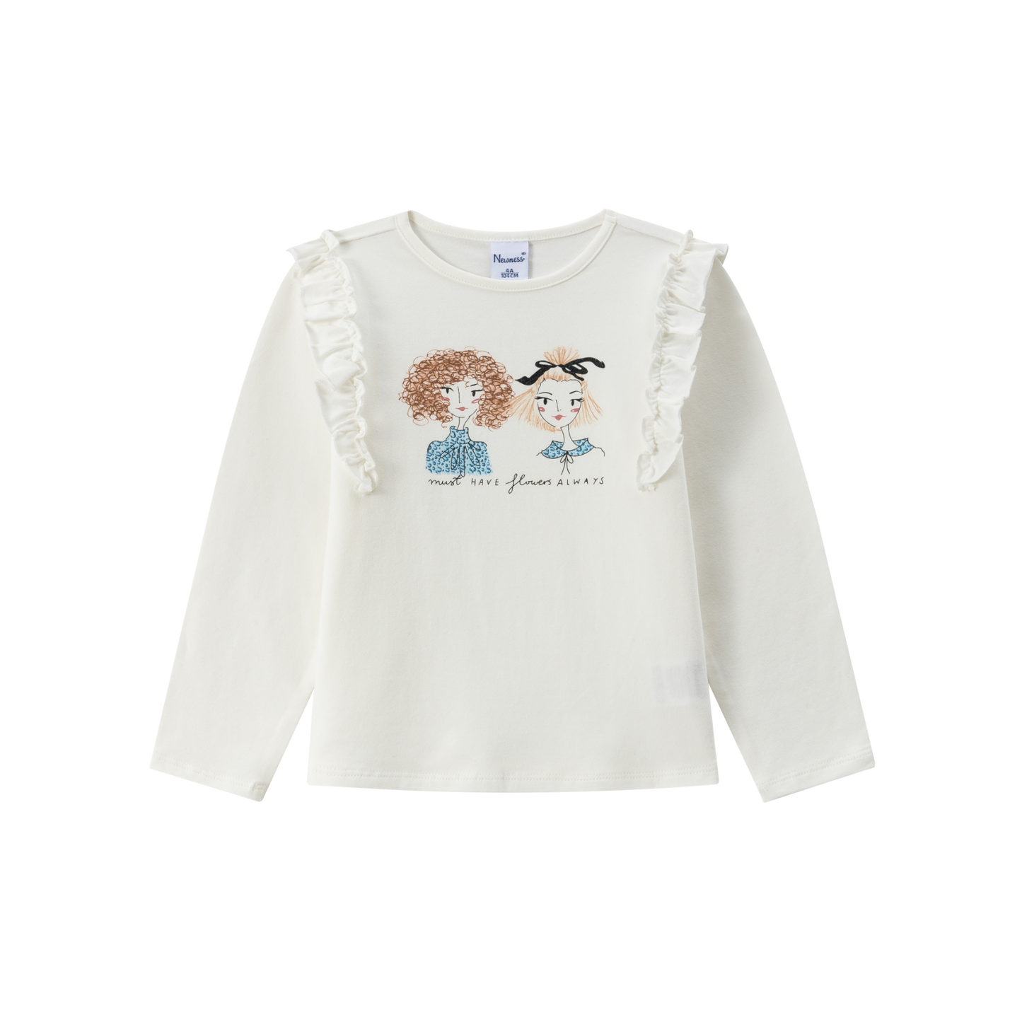 Camiseta niña de manga larga y cuello caja, con detalle de volantes en delantero. Gráfico de chicas con lazos . Prenda color blanco.