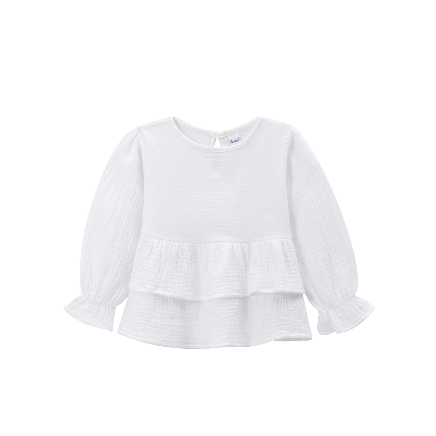 Blusa de niña con corte baby doll y doble  volante en cintura. Prenda en color blanco.