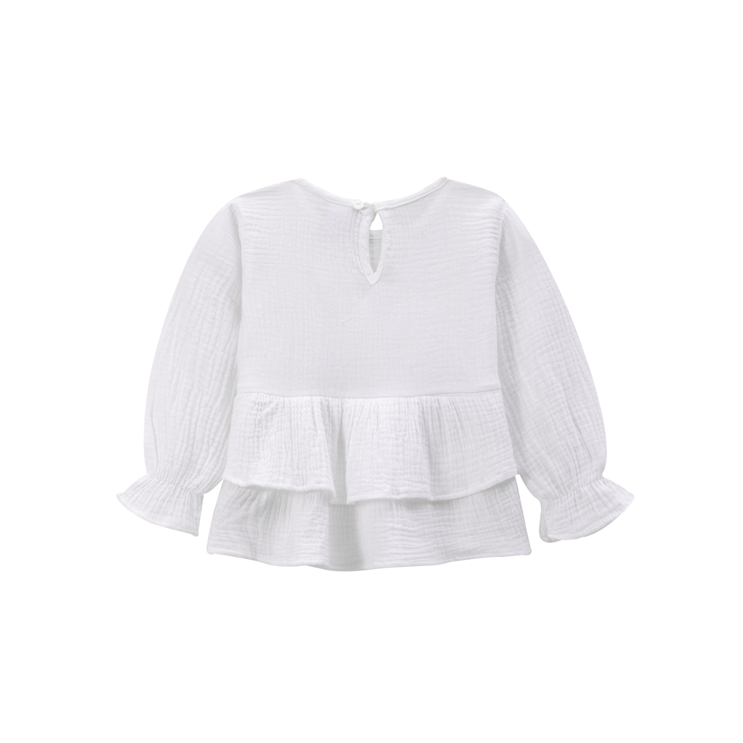 Blusa de niña con corte baby doll y doble  volante en cintura. Prenda en color blanco.