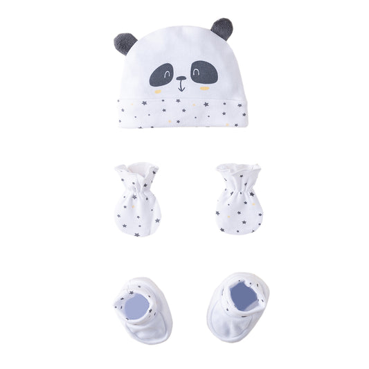 Set de regalo de tres piezas,  gorro + manoplas + patucos, con dulces dibujos de oso panda 100% algodón