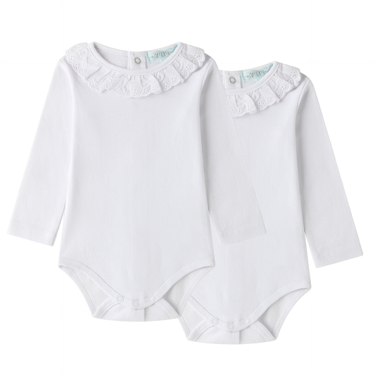 Bodies pack de 2 pcs cuello volante puntilla de tejido unisex bebe del color blanco liso 100% algodón