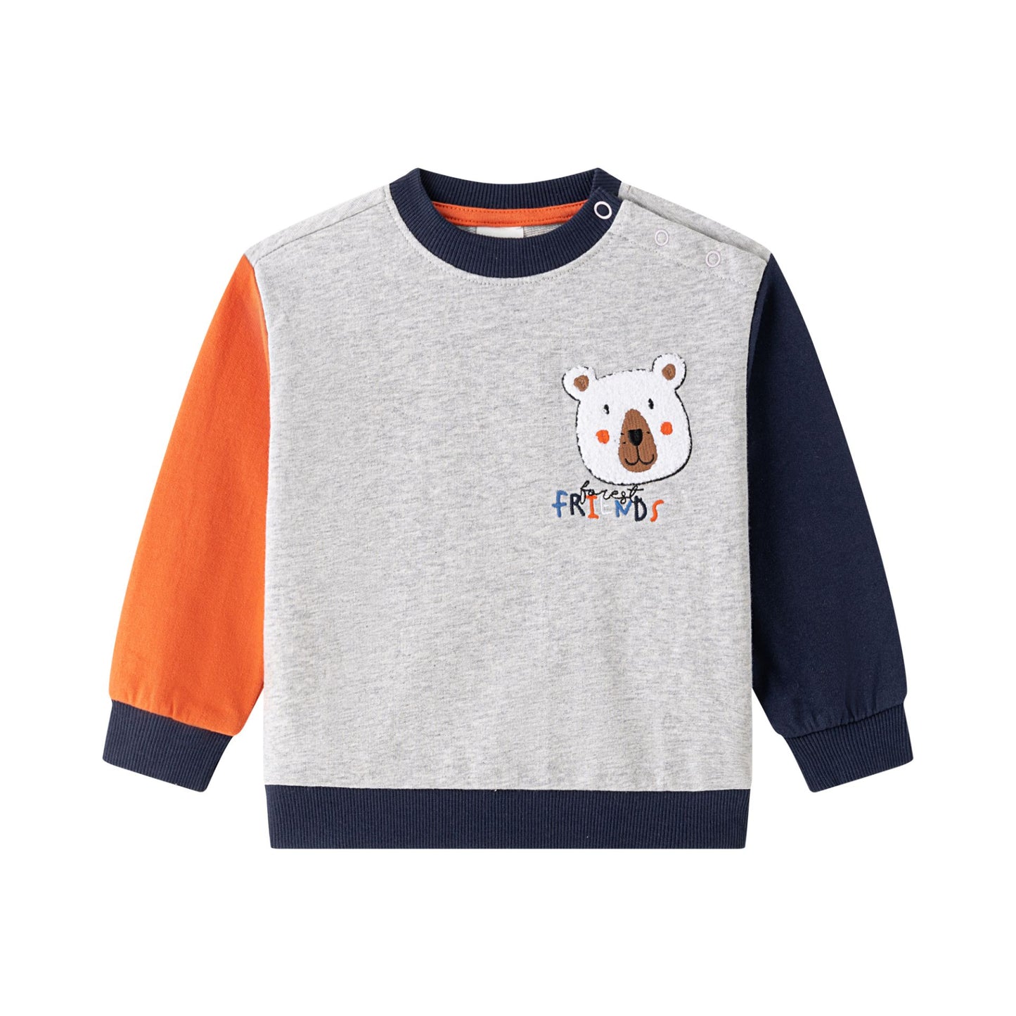 Sudadera de bebe niño, cuello caja y hombros caídos. Felpa de rizo. Mangas y cuello con color a contraste. Abertura de corchetes en hombro.