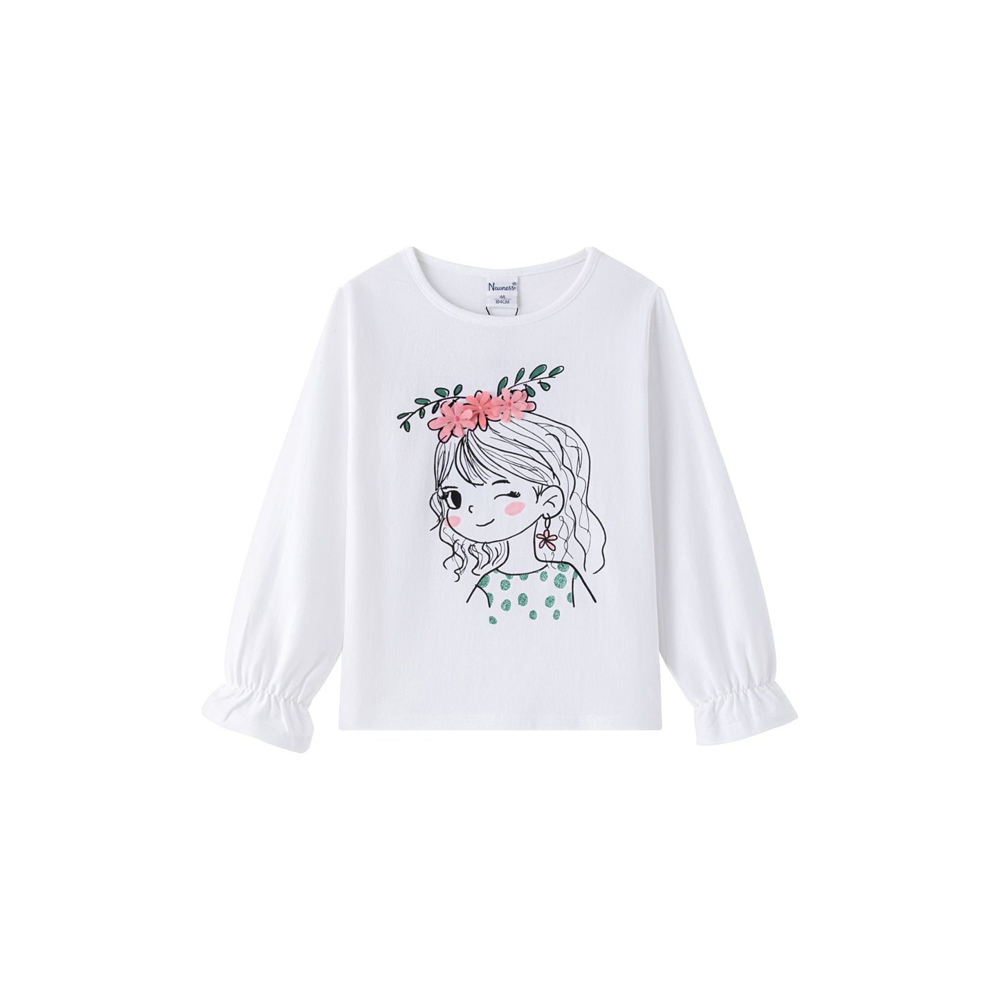 Camiseta manga larga de niña con goma en el puño y volante. Gráfico de muñeca estampado al agua, con apliques de flores en tul.