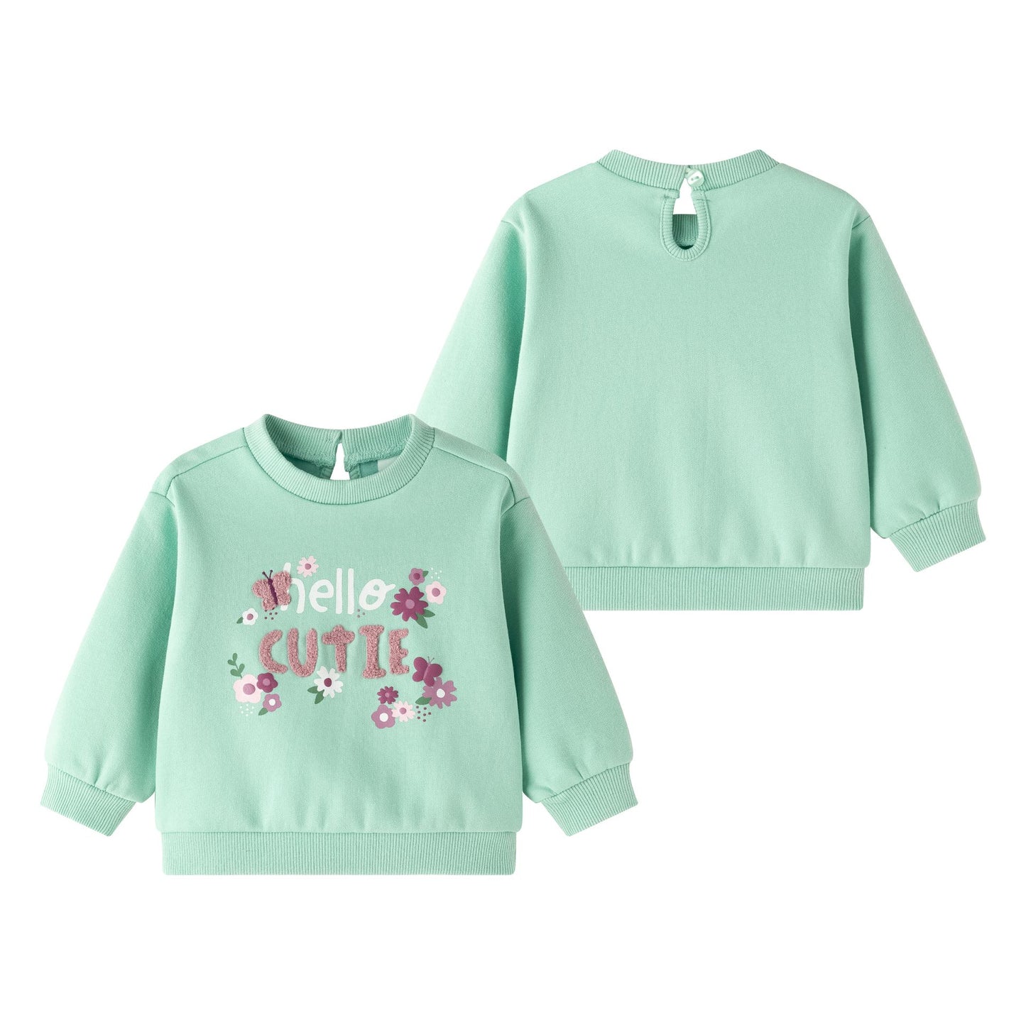 Sudadera bebé niña verde con letras borreguito y flores en relieve 🌸💚 - BGI65509