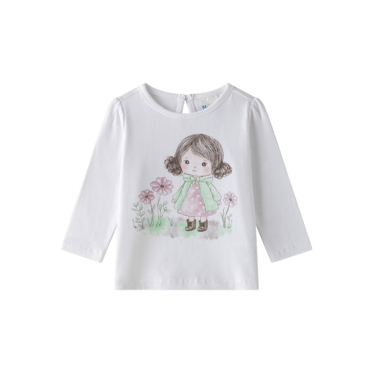 Camiseta bebé niña blanca manga larga con frunce y glitter ✨🌸 - BGI65514