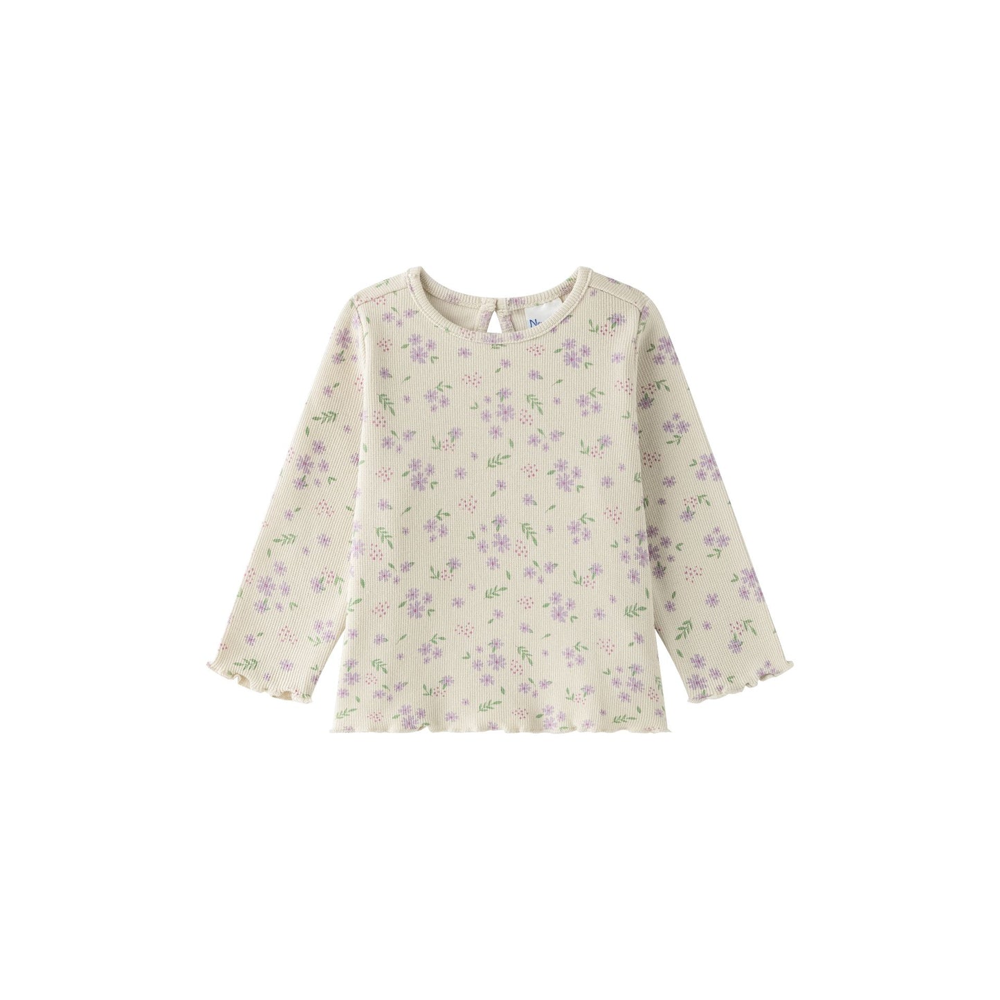 👶🌼 Camiseta bebé niña manga larga canalé con volantes y flores | Crudo 6-24M - BGI65516