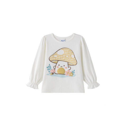 Camiseta Manga Larga Niña – Puños Elásticos y Parche de Cuadros (2-6 años) 🍄✨