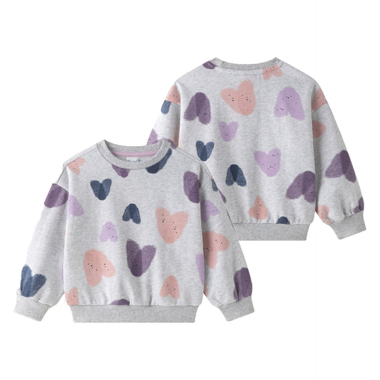 Sudadera niña gris afelpada con estampado de corazones | 2-6 años