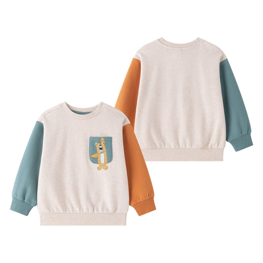 Sudadera niño felpa beige con gráfico de animal y bolsillo | 2-6 años