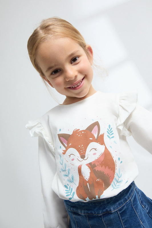Camiseta Manga Larga Niña – Volantes en Hombros y Zorrito Feliz (2-6 años) 🦊✨