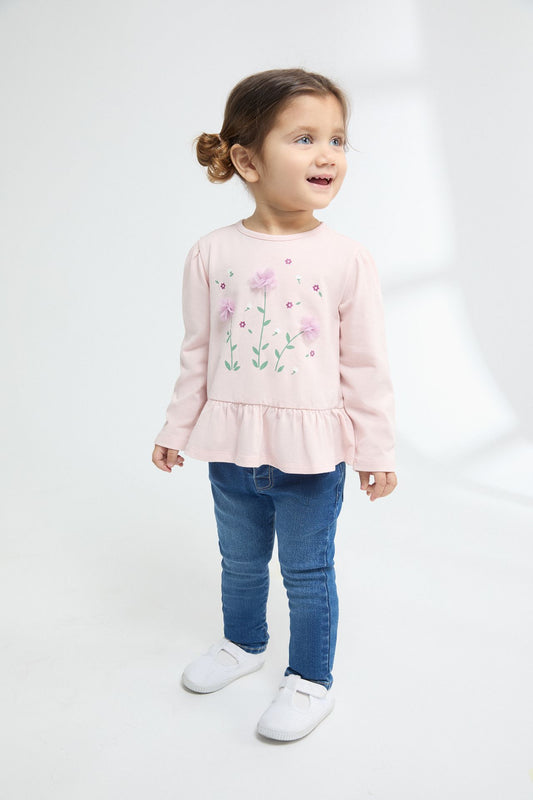Camiseta bebé niña rosa manga larga con flores glitter y tul 🌸✨ - BGI65515