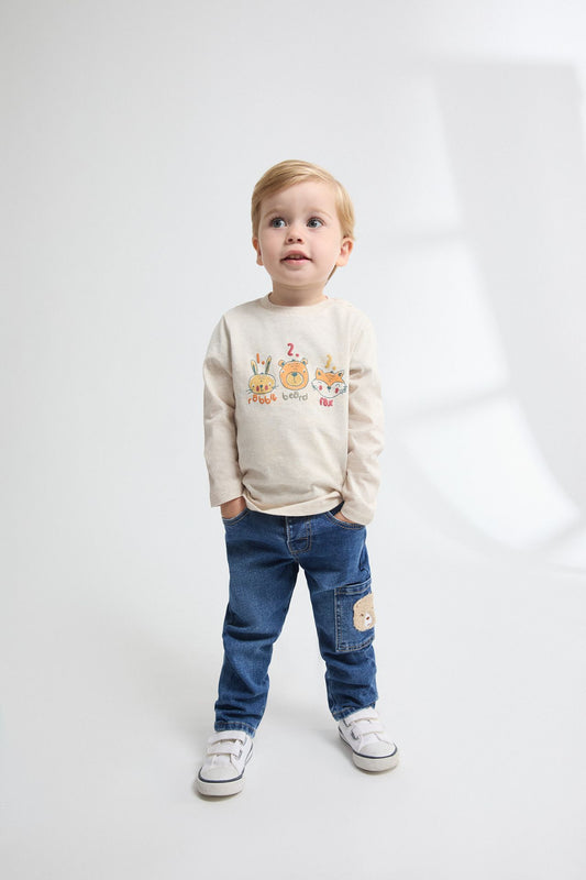 Camiseta Bebé Niño Manga Larga Beige con Animales del Bosque 🌳🦊 (6-24M) BBI65027