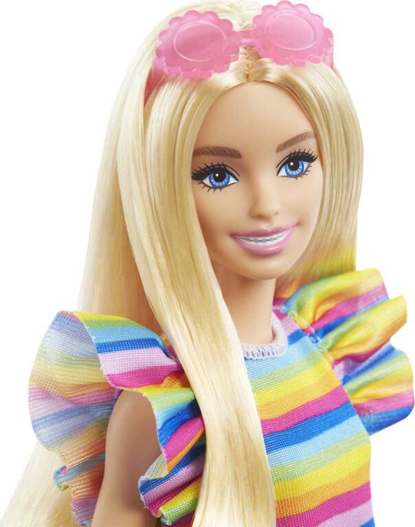 Barbie Fashionistas Doll #197 with Blond Hair, Braces, Rainbow Dress and Accessories