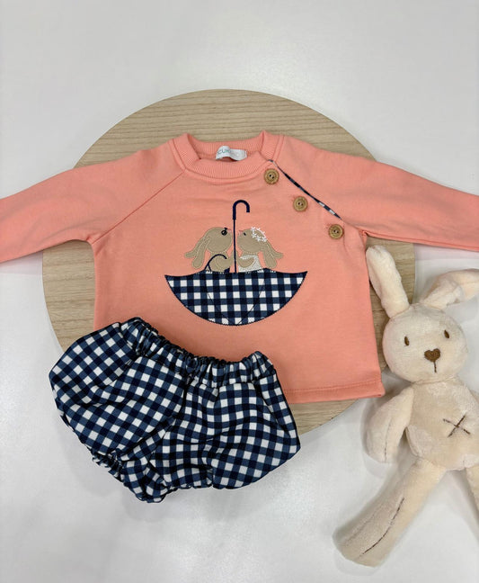 Conjunto bebé niño pololo cuadros y sudadera coral con conejitos 🐰 | 6-48 meses