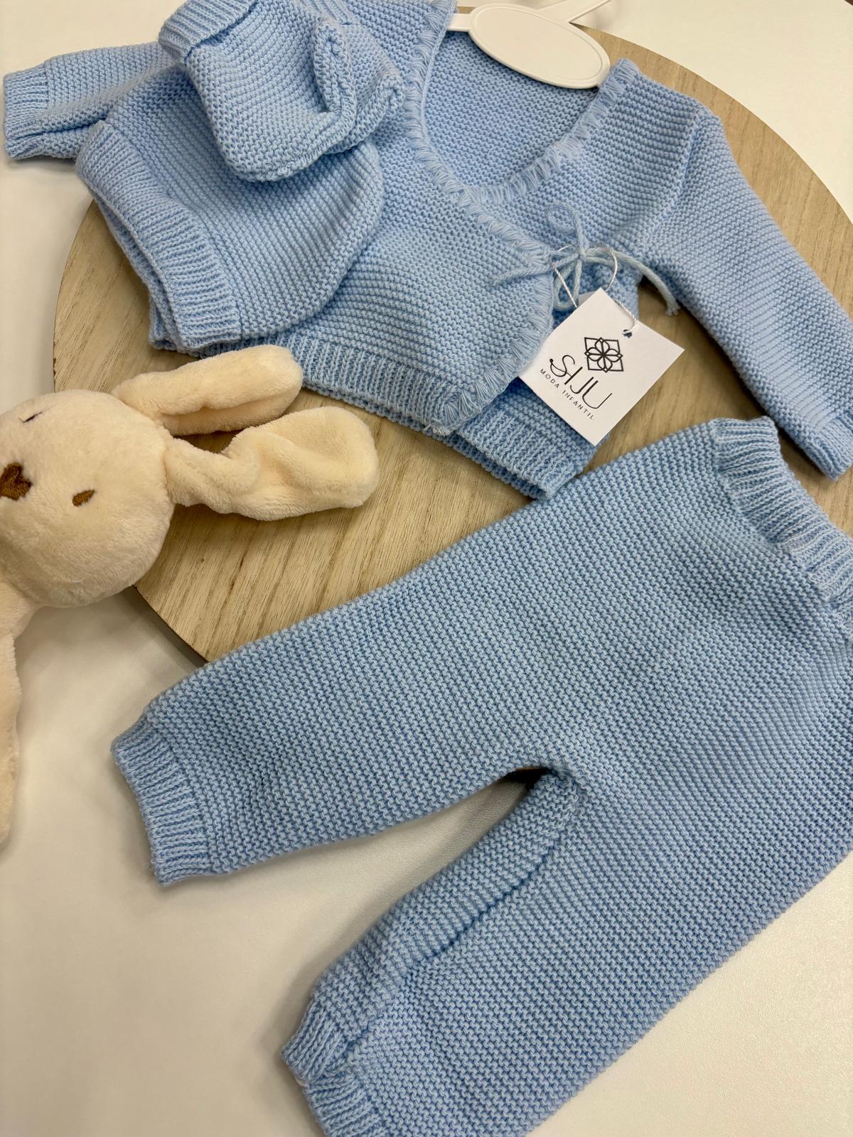 Conjunto 4 Piezas Bebé Recién Nacido Azul | Lazo Lateral y Cuello Pico