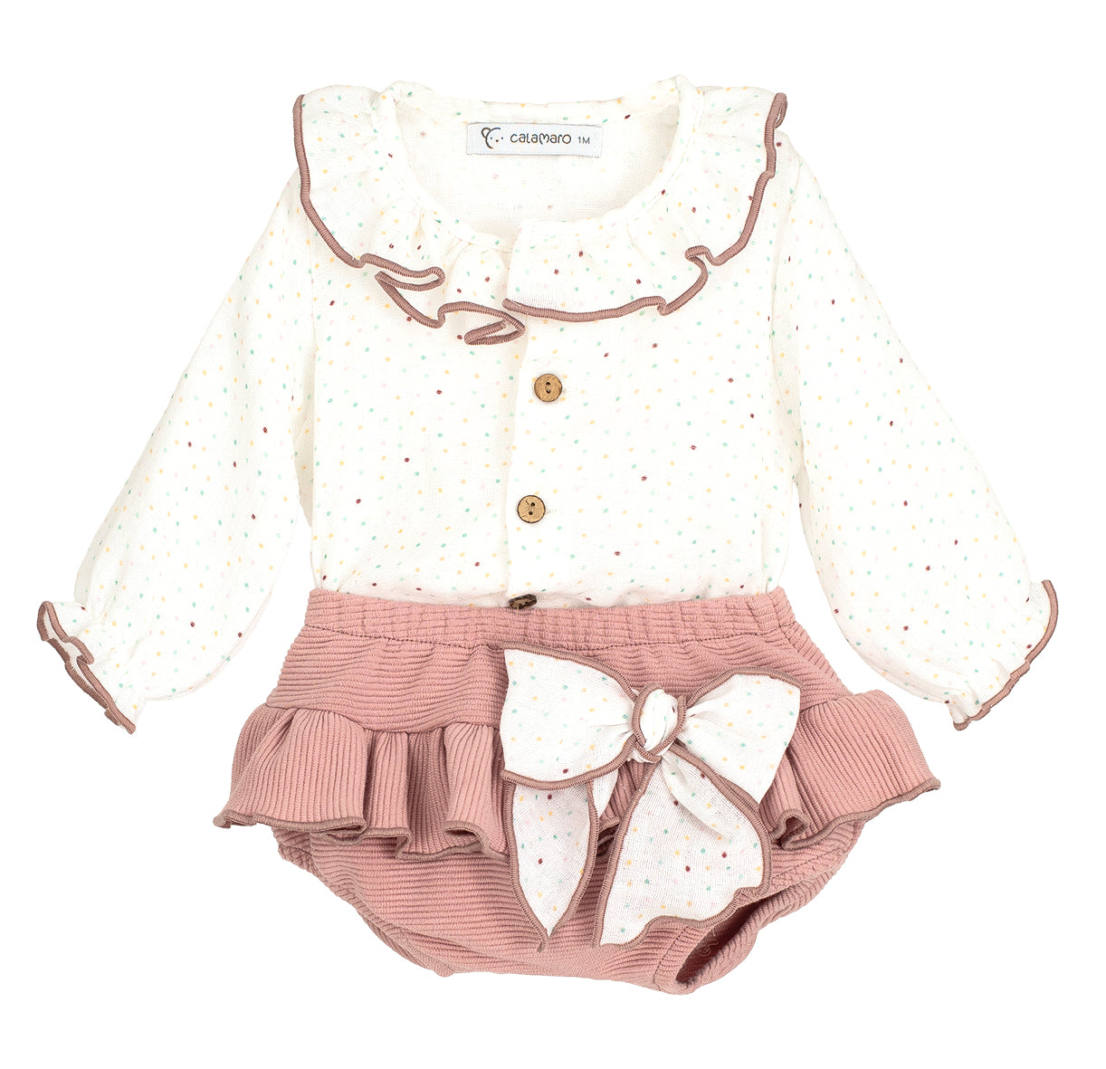 Conjunto Pololo Céfiro Rosa y Blanco Calamaro | Niña 1-36 Meses 100% Algodón