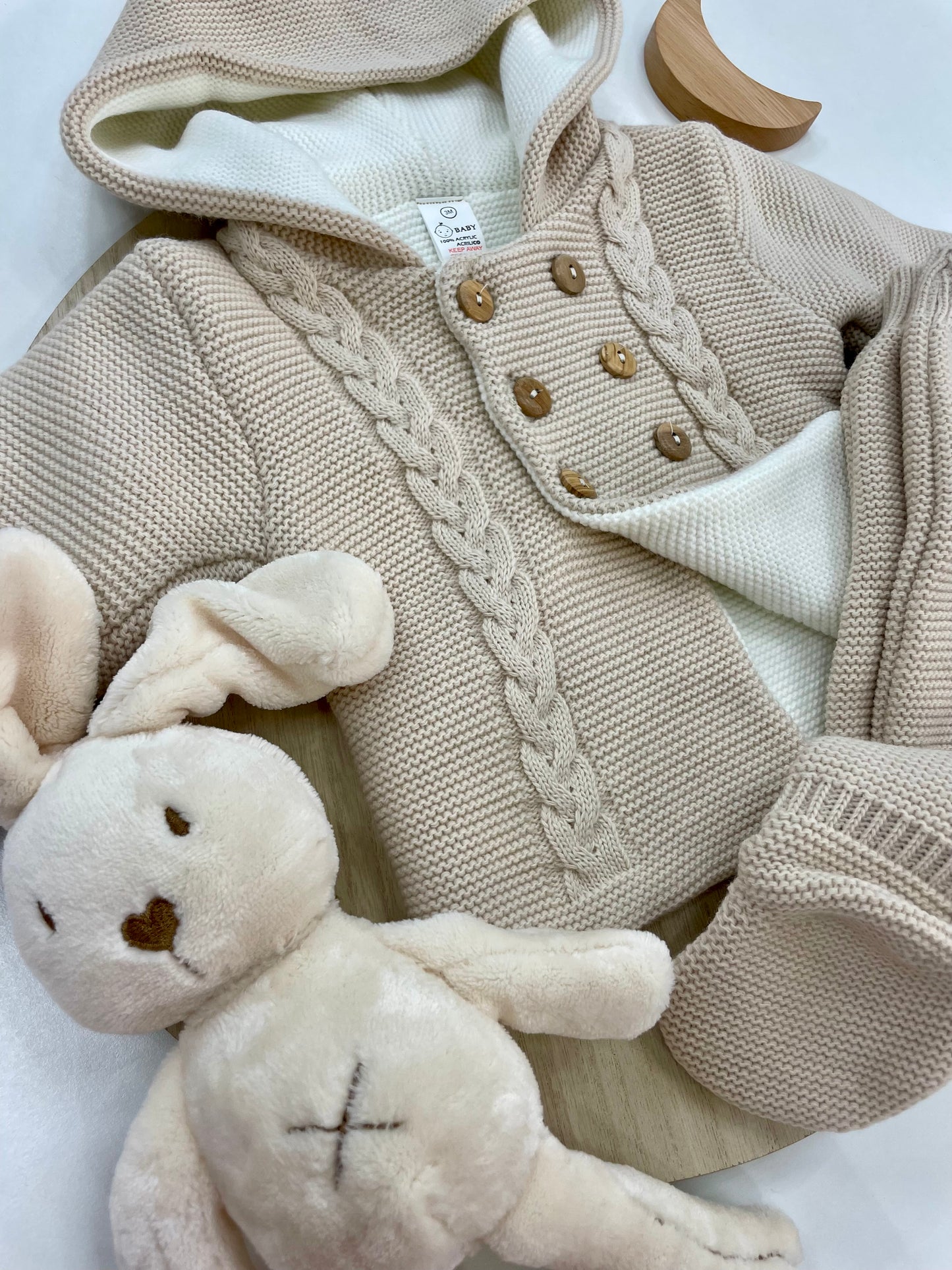 Conjunto Chaqueta y Polaina de Lana para Bebé – Color Arena con Capucha (3-12 meses) 🤎🍼