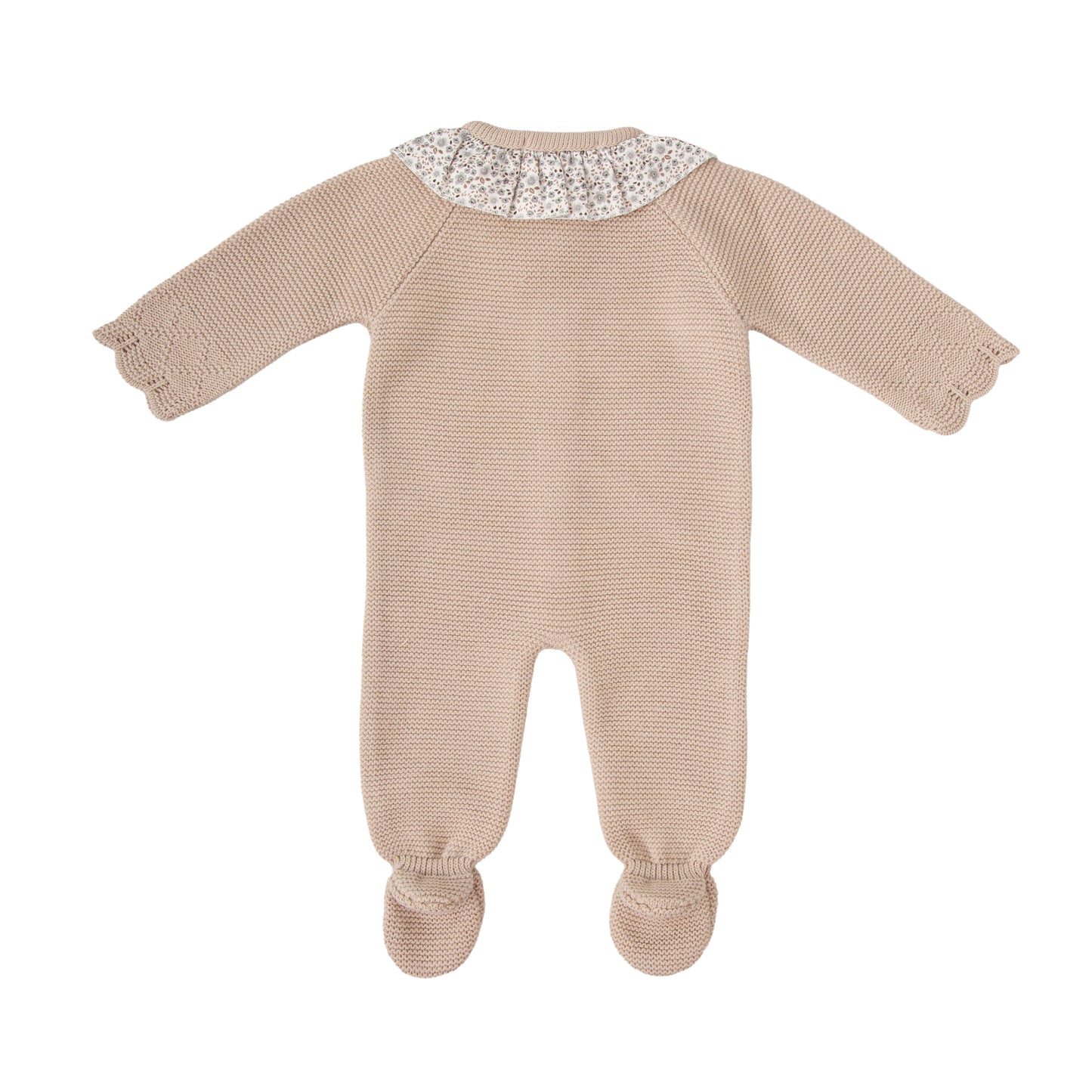 Pelele punto bebé niña Babidú Escarcha – Color arena con cuello volante estampado flores | Tallas 0-12 meses