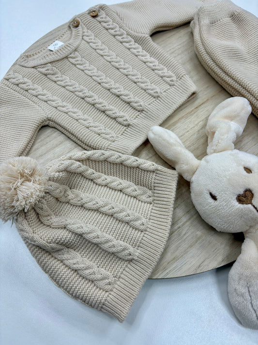 Conjunto primera puesta bebé jersey, gorro y polaina crudo