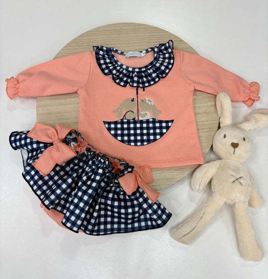 Conjunto bebé niña conejitos sudadera coral y braguita con volante cuadros | 6-48 meses