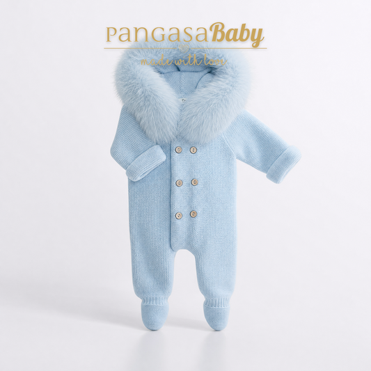 Buzo con pie doble Celeste Empolvado Pangasa Baby 💙 0-6M | Capucha con pelito desmontable
