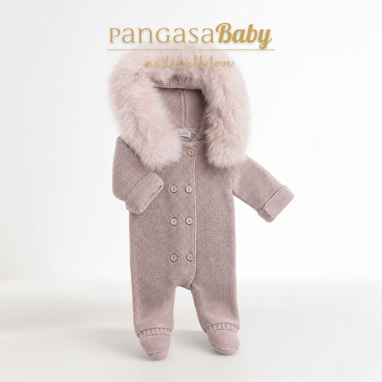 Buzo con pie doble Rosa Empolvado Pangasa Baby 🌸 0-6M | Capucha con pelito desmontable