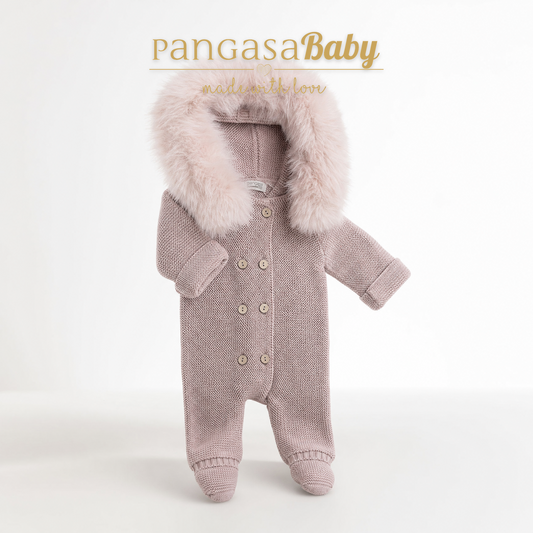 Buzo con pie doble Rosa Empolvado Pangasa Baby 🌸 0-6M | Capucha con pelito desmontable