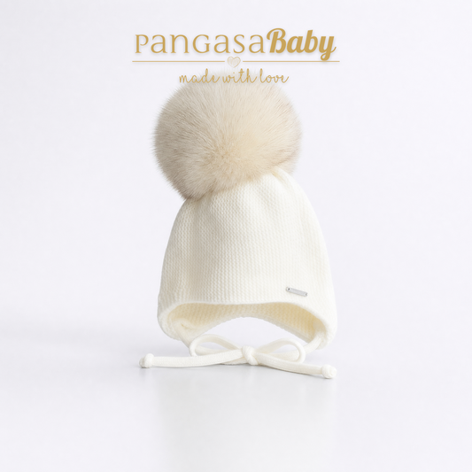Gorro Orejero Aviador Marfil Pangasa Baby 🤍 3-36M | Con pompón desmontable