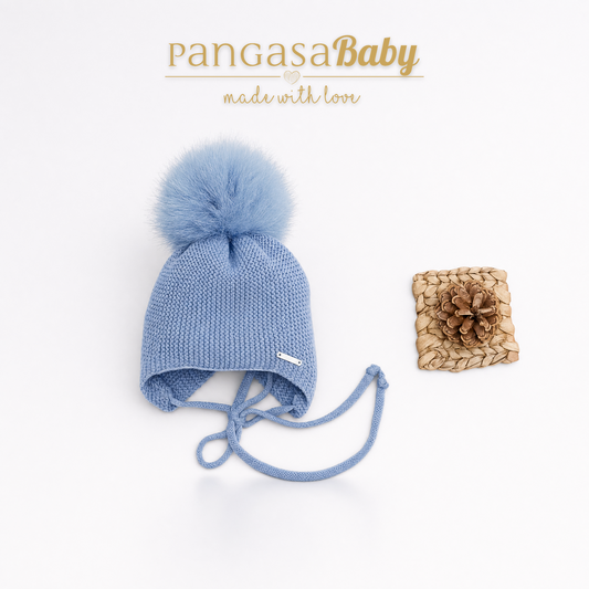 Gorro Orejero Aviador Azul Bruma Pangasa Baby 🌫️ 3-36M | Con pompón desmontable