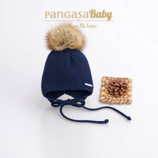 Gorro Orejero Aviador marino  Pangasa Baby 🌿 3-36M | Con pompón desmontable