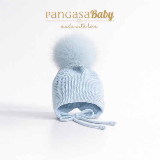 Gorro Orejero Aviador Celeste Empolvado Pangasa Baby 💙 3-36M | Con pompón desmontable