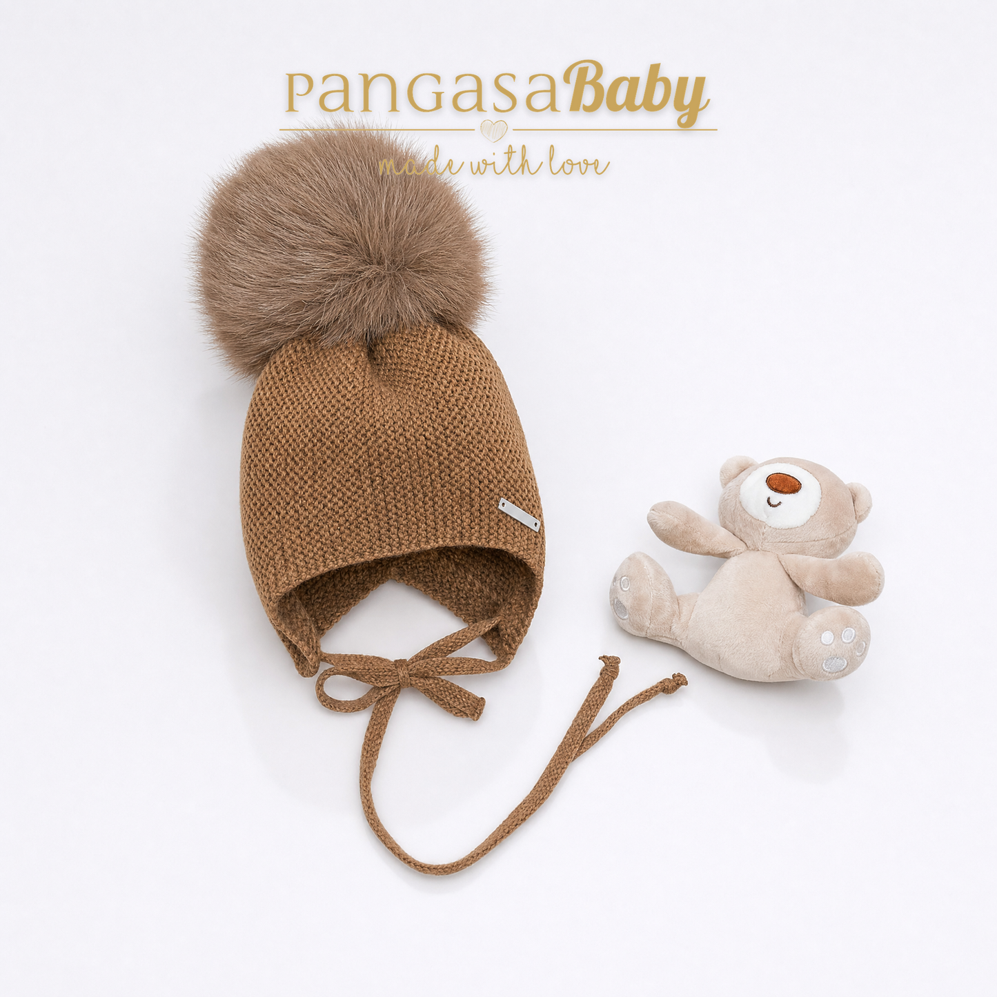 Gorro Orejero Aviador chocolate  Pangasa Baby 🌿 3-36M | Con pompón desmontable