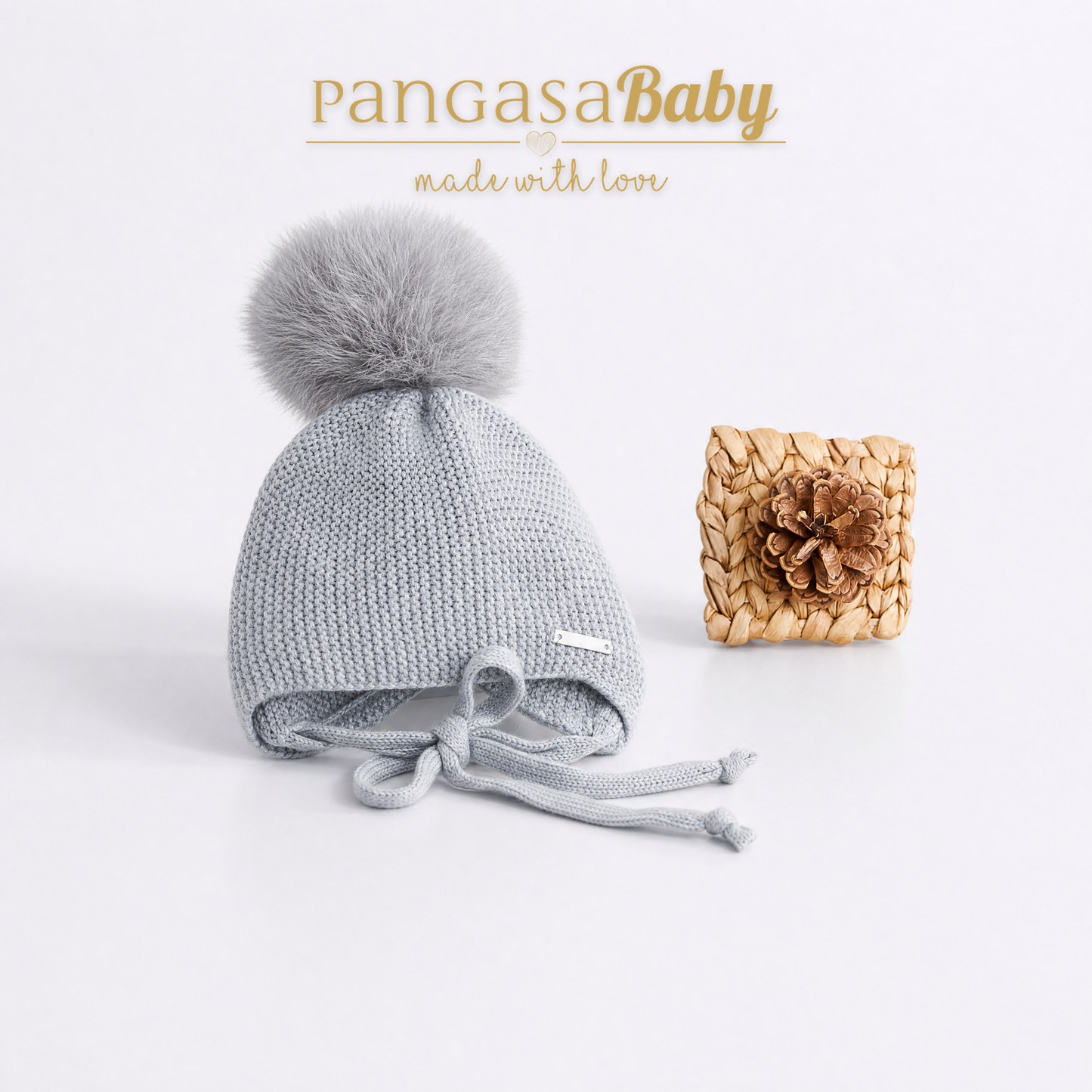 Gorro Orejero Aviador Gris Pangasa Baby 🌫️ 3-36M | Con pompón desmontable