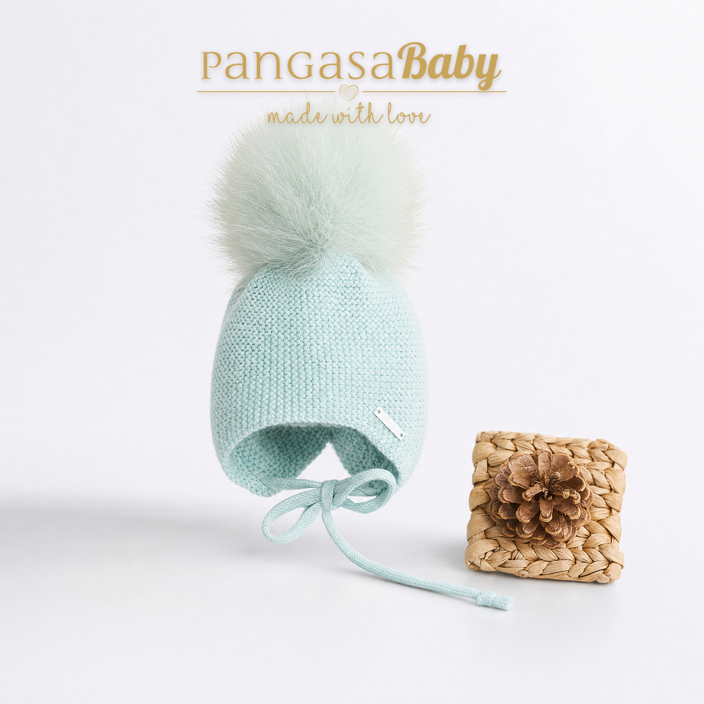 Gorro Orejero Aviador Verde Mint Pangasa Baby 🌿 3-36M | Con pompón desmontable