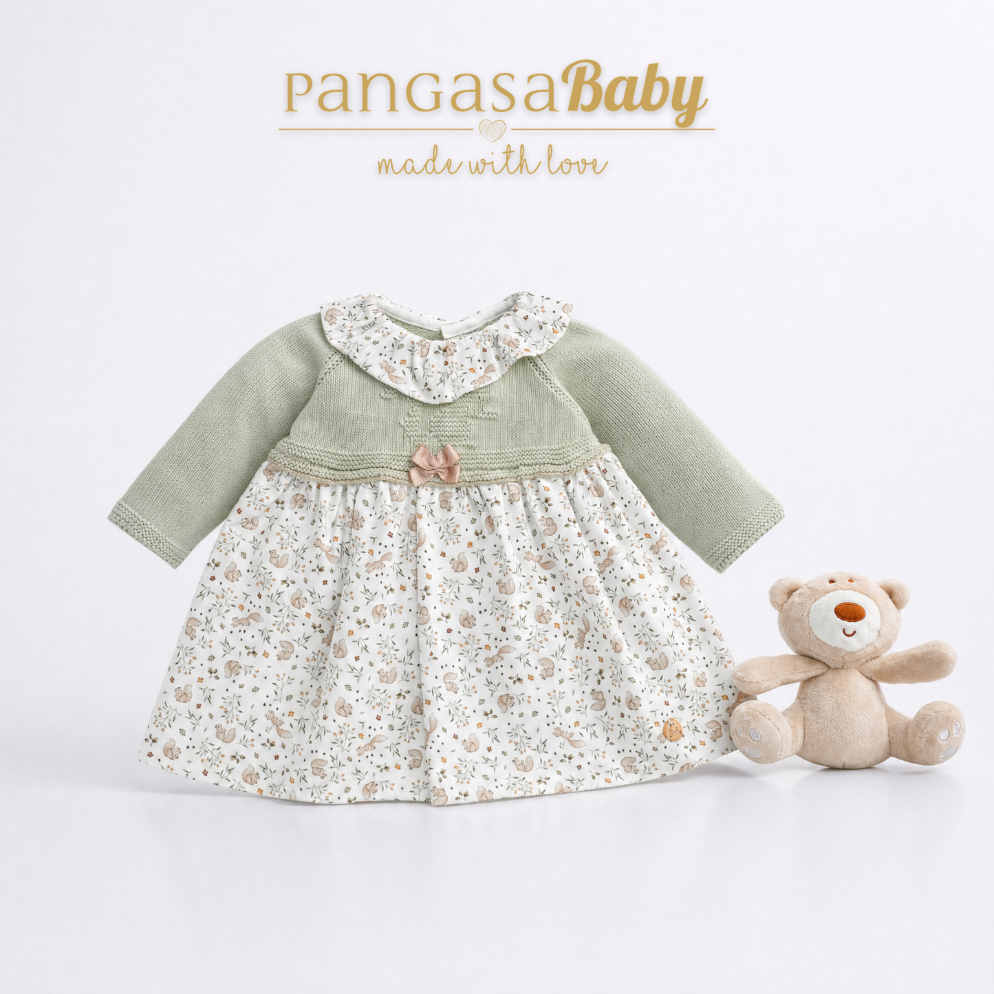 Vestido Ardilla Pangasa de Punto y Estampado Verde Hoja | Tallas 1 a 24 Meses | Siju Moda Infantil