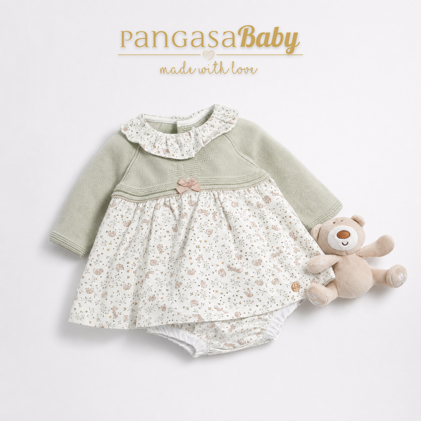 Vestido Ardilla Pangasa de Punto y Estampado Verde Hoja | Tallas 1 a 24 Meses | Siju Moda Infantil
