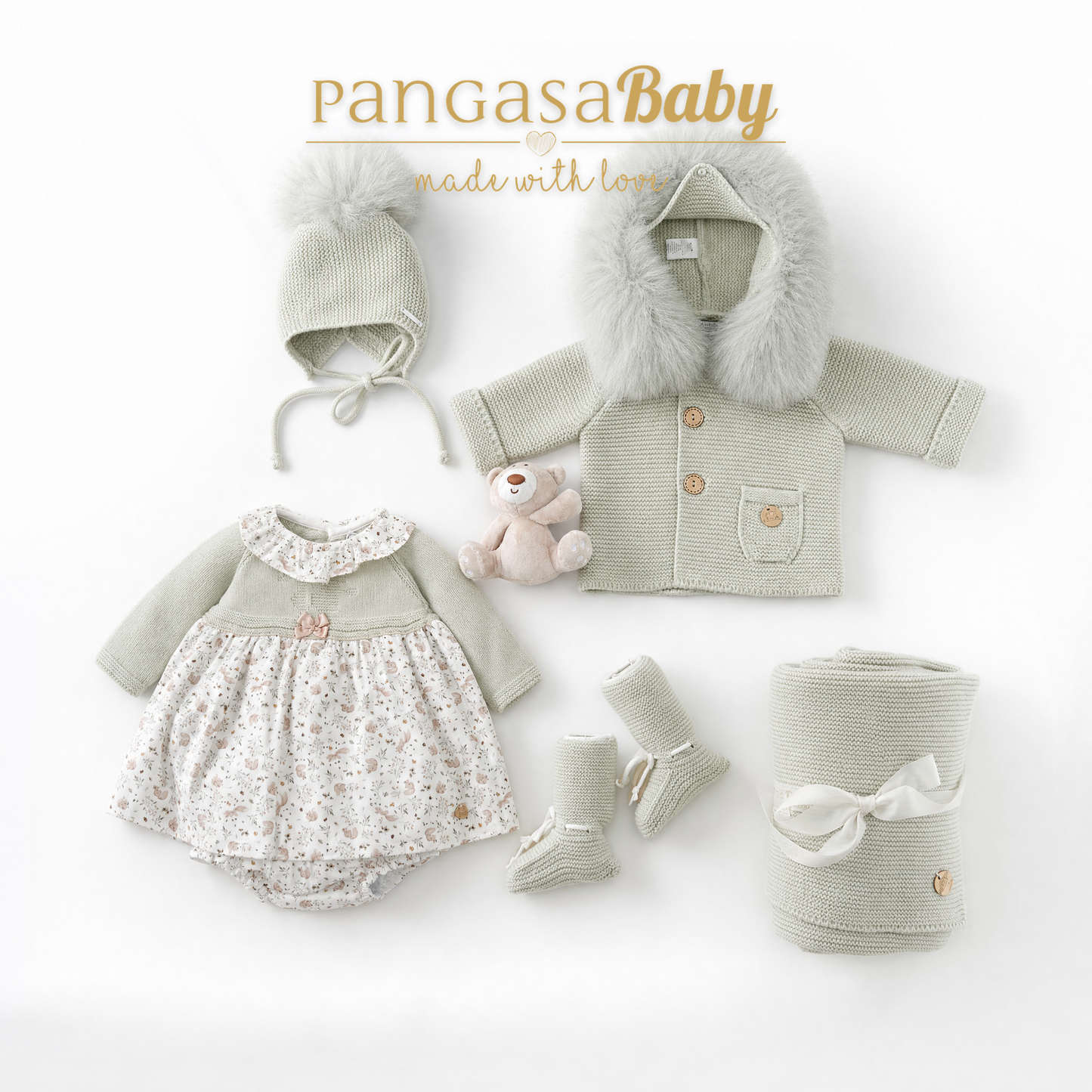 Vestido Ardilla Pangasa de Punto y Estampado Verde Hoja | Tallas 1 a 24 Meses | Siju Moda Infantil