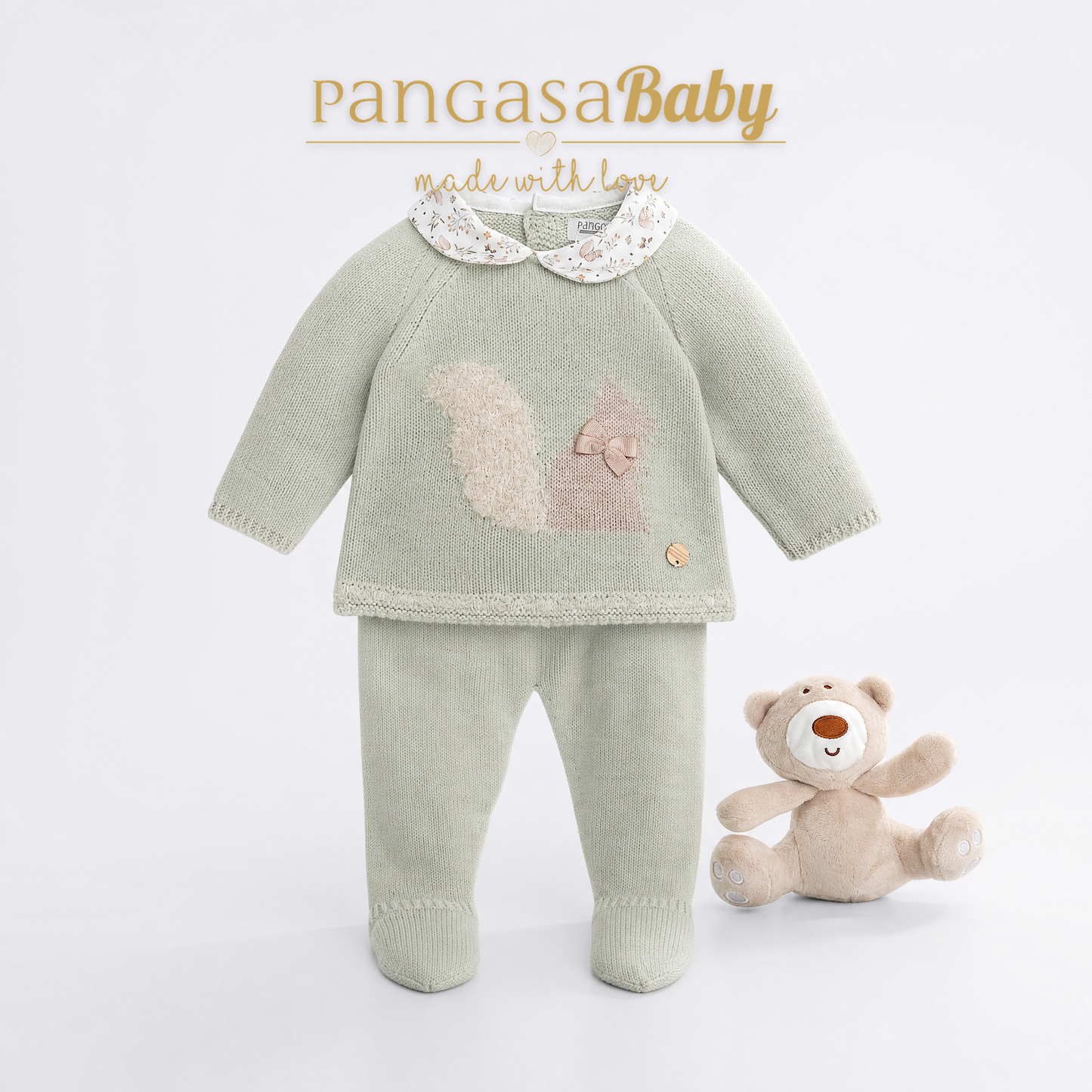 Primera Puesta Ardilla de Punto con Gorro Pangasa Verde Hoja | Tallas 0 a 12 Meses | Siju Moda Infantil