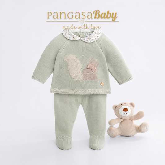 Primera Puesta Ardilla de Punto con Gorro Pangasa Verde Hoja | Tallas 0 a 12 Meses | Siju Moda Infantil