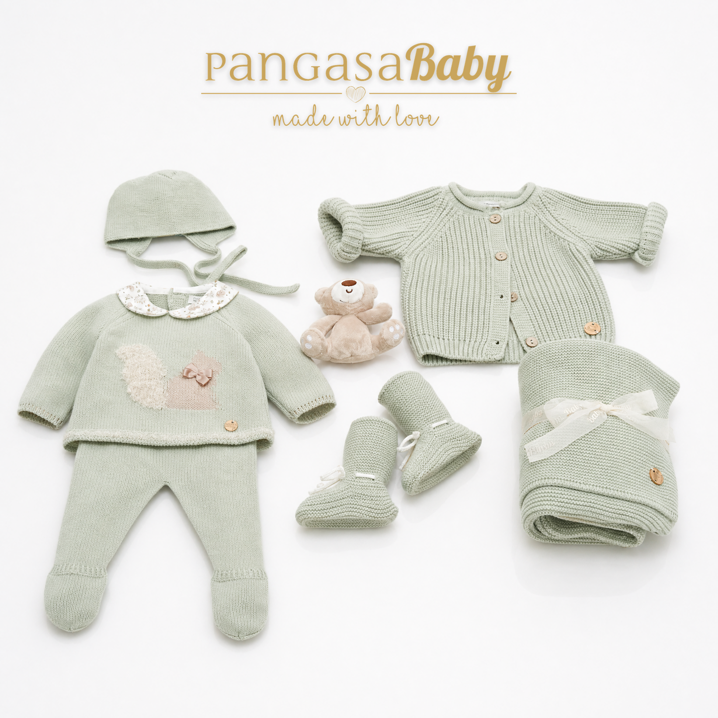 Primera Puesta Ardilla de Punto con Gorro Pangasa Verde Hoja | Tallas 0 a 12 Meses | Siju Moda Infantil