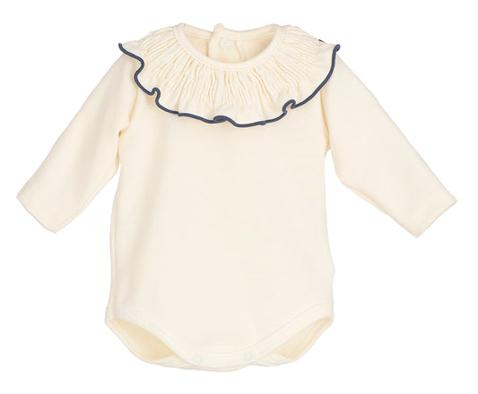 Body bebé Titán Gom 🤍 cuello volante con filito azul | Calamaro | 95% algodón | Tallas 1-24M