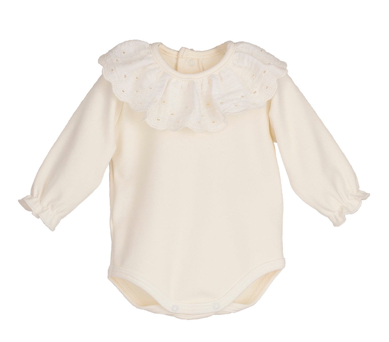 Body bebé Tula 🤍 cuello volante con puntilla grande | Color crudo | 95% algodón | Tallas 1-24M