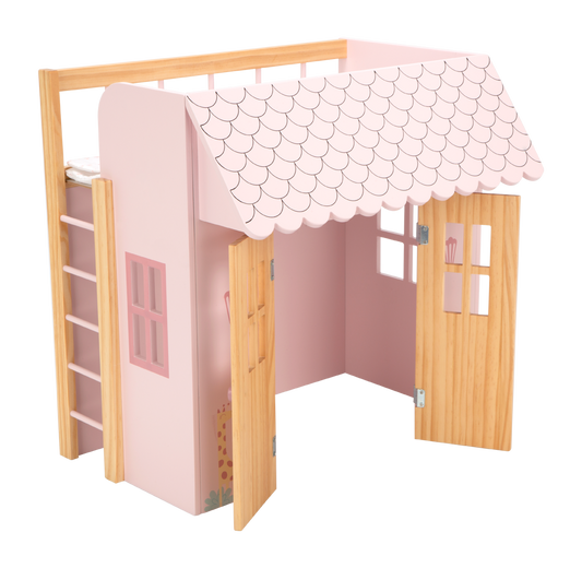 Cama–casita de madera Nature rosa con perchas | Muebles infantiles +3 años