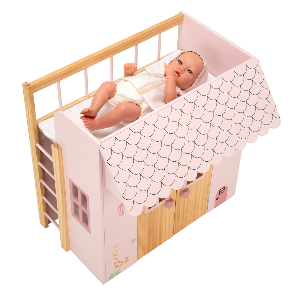 Cama–casita de madera Nature rosa con perchas | Muebles infantiles +3 años