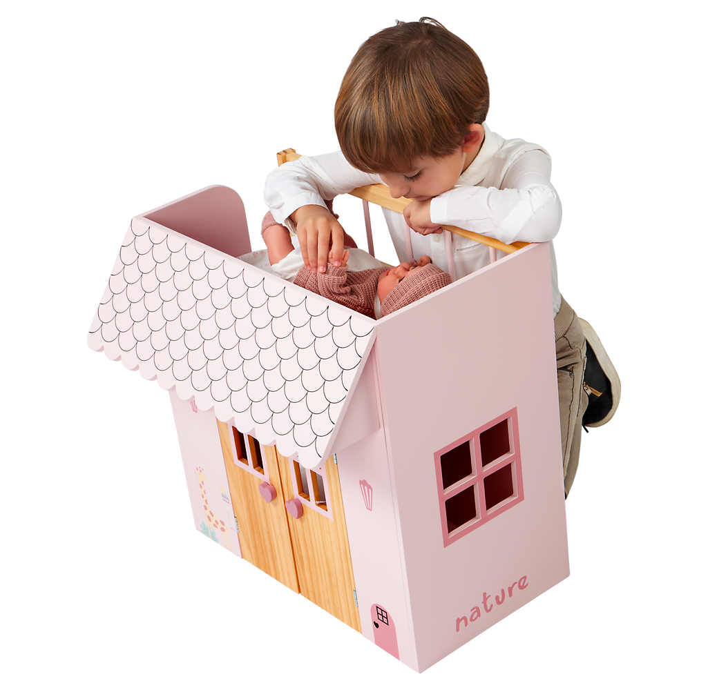 Cama–casita de madera Nature rosa con perchas | Muebles infantiles +3 años