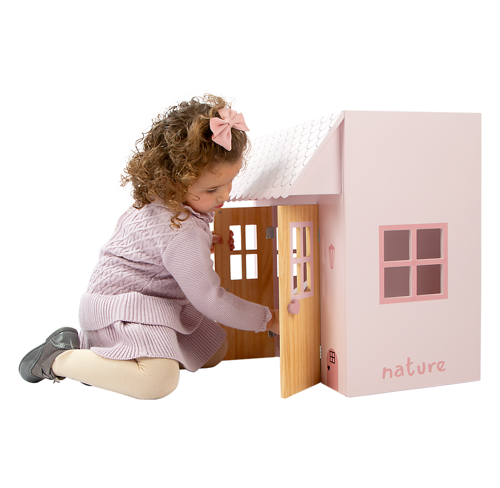 Cama–casita de madera Nature rosa con perchas | Muebles infantiles +3 años