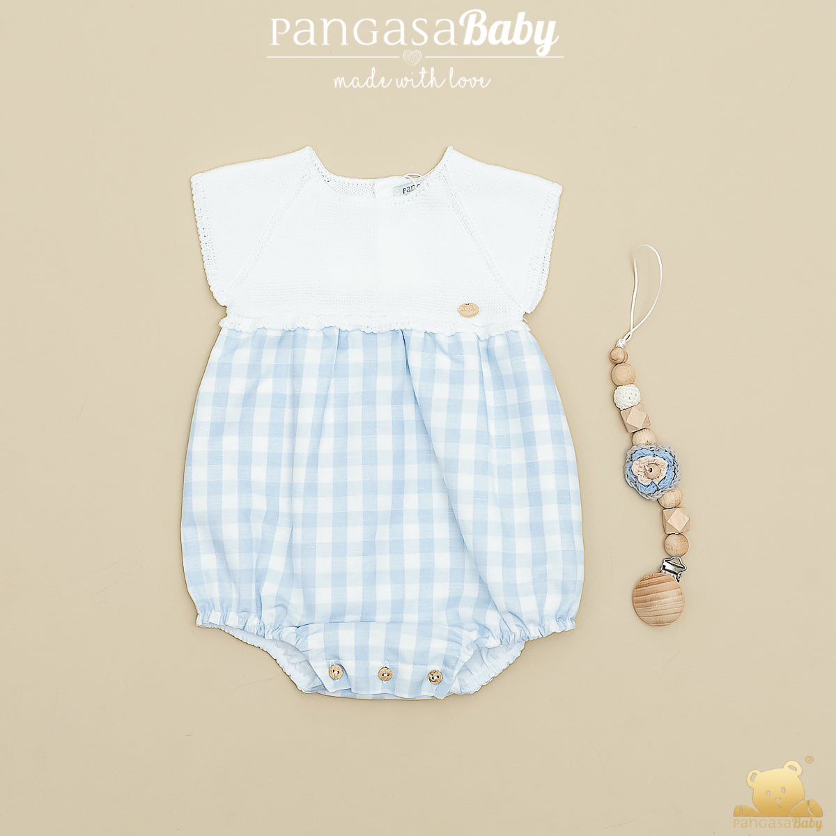 Pelele bebé cuadros azul y blanco Pangasa Baby | Familia Cuadros | 0 a 12 meses