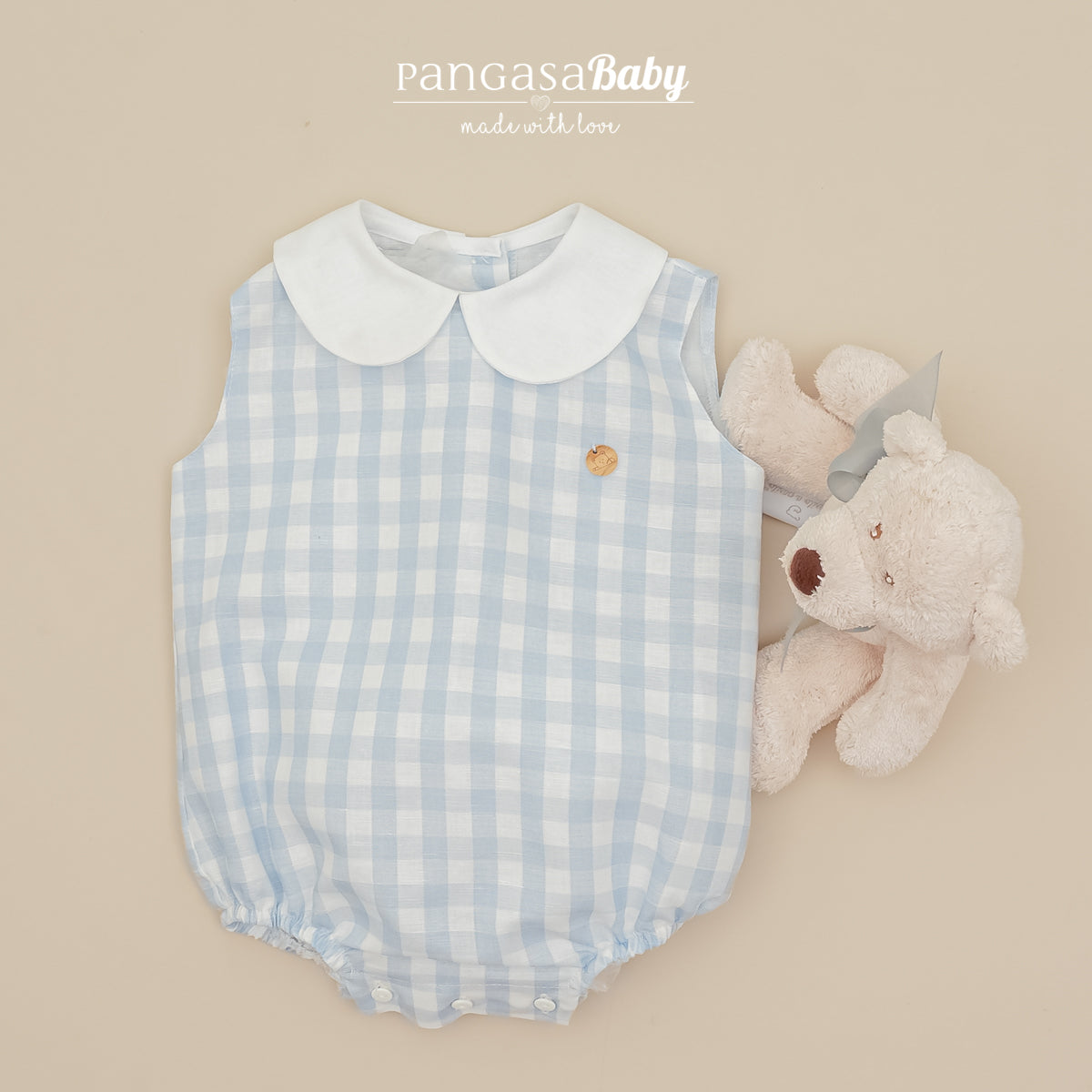 Pelele bebé todo tela cuadros azul Pangasa Baby | 100% algodón | 0 a 12 meses