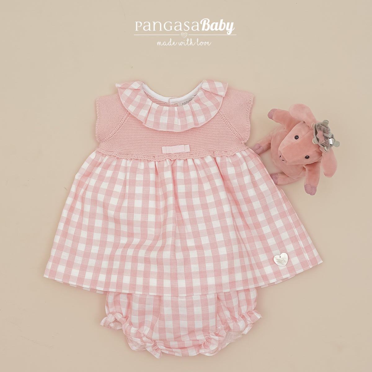 Vestido bebé cuadros rosa Pangasa Baby | Opción de braguita cubre pañal a juego | 0 a 24 meses